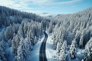 ai generiert oben Antenne Aussicht von Schnee Berg Landschaft mit Bäume und Straße foto