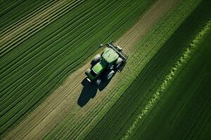 ai generiert nehmen Pflege von das Ernte. Antenne Aussicht von ein Traktor düngen ein kultiviert landwirtschaftlich Feld. foto