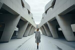 ai generiert Frau Gehen im futuristisch Brutalist Stadt Straße. ai generiert. foto