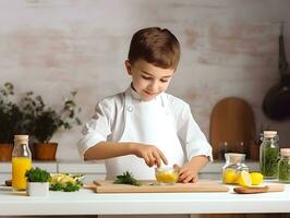 ai generiert ein kaukasisch Junge gekleidet wie ein Koch und vorbereiten Essen im Küche. foto