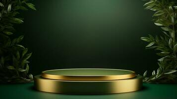 ai generiert 3d gerendert leeren Anzeige elegant Luxus Grün und Gold Thema Podium mit Blätter minimal Szene zum Produkt Anzeige Präsentation foto