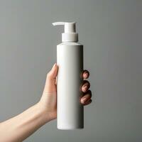 ai generiert Weiß leeren Shampoo Flasche im Frauen Hand foto