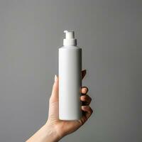 ai generiert Weiß leeren Shampoo Flasche im Frauen Hand foto