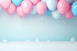 ai generiert 3d gerendert leeren Anzeige Geburtstag mit Luftballons Podium minimal Szene zum Produkt Anzeige Präsentation foto