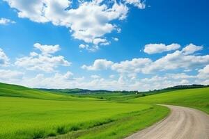 ai generiert malerisch Wicklung Pfad durch ein Grün Gras Feld im hügelig Bereich im Morgen beim Dämmerung gegen Blau Himmel mit Wolken foto