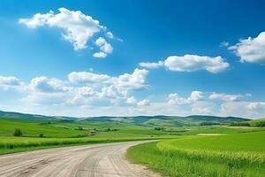 ai generiert malerisch Wicklung Pfad durch ein Grün Gras Feld im hügelig Bereich im Morgen beim Dämmerung gegen Blau Himmel mit Wolken foto