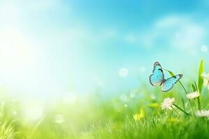 ai generiert Schmetterling auf wild Weiß Blumen im Gras im Strahlen von Sonnenlicht, Makro. Frühling Sommer- frisch künstlerisch Bild von Schönheit Morgen Natur foto
