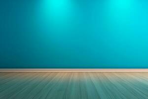 ai generiert Blau leeren Mauer und hölzern Fußboden mit interessant Licht Blendung. Innere Hintergrund zum das Präsentation foto