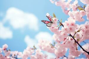 ai generiert blühen Kirsche gegen Hintergrund von Blau Himmel und Schmetterlinge auf Natur draußen. Rosa Sakura Blumen, verträumt romantisch Bild Frühling, Landschaft Panorama, Kopieren Raum foto