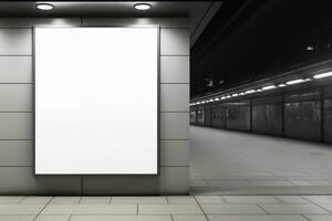 ai generiert leer Plakatwand Attrappe, Lehrmodell, Simulation U-Bahn Bahnhof Vitrinen modern die Architektur Design foto