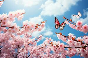 ai generiert blühen Kirsche gegen Hintergrund von Blau Himmel und Schmetterlinge auf Natur draußen. Rosa Sakura Blumen, verträumt romantisch Bild Frühling, Landschaft Panorama, Kopieren Raum foto