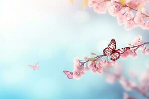 ai generiert blühen Kirsche gegen Hintergrund von Blau Himmel und Schmetterlinge auf Natur draußen. Rosa Sakura Blumen, verträumt romantisch Bild Frühling, Landschaft Panorama, Kopieren Raum foto