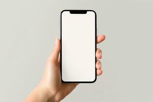 ai generiert leeren Weiß leer Mann Smartphone halten Attrappe, Lehrmodell, Simulation foto