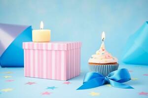 ai generiert köstlich Cupcakes und Geschenke mit Kopierraum foto