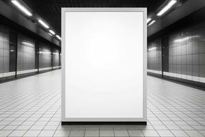 ai generiert leer Plakatwand Attrappe, Lehrmodell, Simulation U-Bahn Bahnhof Vitrinen modern die Architektur Design foto