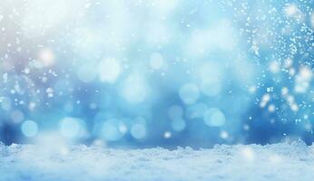 ai generiert schön Hintergrund Bild von klein Schneeverwehungen, fallen Schnee und Schneeflocken im Weiß und Blau Töne. foto