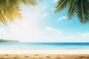 ai generiert abstrakt verwischen defokussiert Hintergrund. tropisch Sommer- Strand mit golden Sand, Türkis Ozean und Blau Himmel mit Weiß Wolken auf hell sonnig Tag. bunt Landschaft zum Sommer- foto