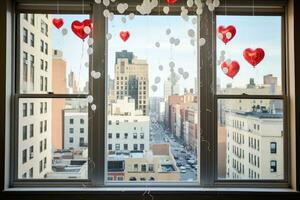 ai generiert Valentinstag Tag Hintergrund mit Herz geformt Luftballons auf ein Fenster, ein Stadtbild gesehen durch ein Fenster, geschmückt mit Liebe Herz Luftballons, ai generiert foto