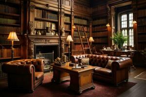 ai generiert Luxus Bibliothek Innere mit Bücherregal und Leder Sessel, ein klassisch viktorianisch Epoche Bibliothek mit ledergebunden Bücher und hölzern Möbel, ai generiert foto