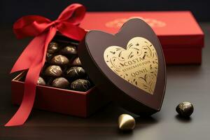 ai generiert Pralinen im ein Geschenk Box auf ein dunkel hölzern Tisch, ein Schokolade braun Valentinstag Tag Geschenk Box mit ein Gold Inschrift, ai generiert foto