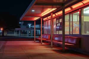 ai generiert fotografieren von ein ruhig Bus halt beim Nacht foto