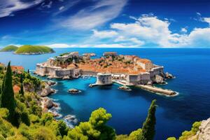ai generiert Dubrovnik alt Stadt, Dorf auf das adriatic Meer im Kroatien, historisch Stadt, Dorf von Dubrovnik Panorama- Sicht, ai generiert foto