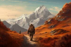 ai generiert Trekking im das Berge. 3d Illustration. Fantasie, Wanderer auf das Weg zu das Berge, ai generiert foto