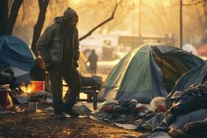 ai generiert obdachlos Mann auf das Straße im das Abend beim das Campingplatz, obdachlos und im Armut im ein Zelt Stadt, ai generiert foto
