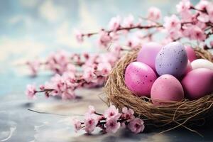 ai generiert Ostern Eier im Nest mit Blühen Geäst auf Licht Blau Hintergrund, glücklich Ostern, Glückwunsch Ostern Hintergrund, Ostern Eier und Blumen, ai generiert foto