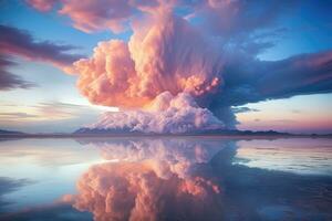 ai generiert bunt Sonnenuntergang Über das See. dramatisch Himmel mit Kumulus Wolken, großartig Salz- See, Utah, ein tolle Reise Bild, ai generiert foto