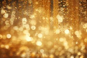 ai generiert golden funkeln Weihnachten abstrakt Hintergrund mit Bokeh defokussiert Beleuchtung, golden funkeln Jahrgang Beleuchtung Hintergrund, mit Gold und Silber Farbtöne, ai generiert foto