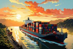 ai generiert Ladung Schiff im das Meer beim Sonnenuntergang, Vektor Illustration Folge10, Illustration von ein Container Schiff Vorbeigehen durch das Panama Kanal, ai generiert foto