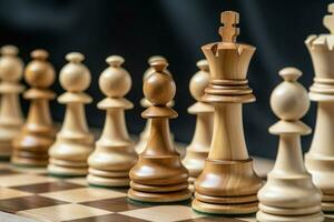 ai generiert hölzern Schach Stücke auf ein Zwangsversteigerung schließen oben Schach ai generiert foto