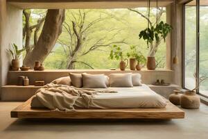 ai generiert still Schlafzimmer Rückzug entworfen mit Nachhaltigkeit im Geist. Grün eingetopft Pflanzen, Licht, natürlich Farbtöne zum das Wände foto