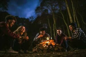 ai generiert Gruppe von jung freunde Sitzung in der Nähe von Lagerfeuer beim Nacht Camping Konzept, jung Menschen Sitzung um ein Lagerfeuer ai generiert foto