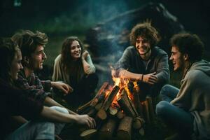 ai generiert Gruppe von jung freunde Sitzung in der Nähe von Lagerfeuer beim Nacht Camping Konzept, jung Menschen Sitzung um ein Lagerfeuer ai generiert foto