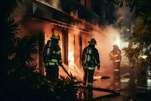 ai generiert Feuerwehrleute Löschen ein Feuer im ein Gebäude beim Nacht ai generiert foto
