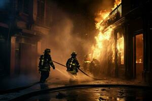 ai generiert Feuerwehrleute Löschen ein Feuer im ein Gebäude beim Nacht ai generiert foto