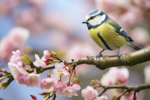 ai generiert ein Blaumeise Vogel ruhen auf das Ast von ein Baum. ai generiert. foto