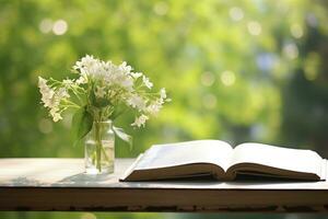 ai generiert Jasmin Blumen im ein Vase und öffnen Buch auf das Tisch, Grün natürlich Hintergrund. ai generiert foto