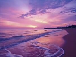 ai generiert Sommer- Strand mit Blau Wasser und lila Himmel beim das Sonnenuntergang. ai generiert. foto
