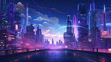 ai generiert ein futuristisch, Cyberpunk inspiriert Stadtbild beim Nacht. ai generiert foto