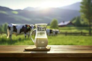 ai generiert Glas Krug mit frisch Milch auf ein hölzern Tisch. ai generiert foto