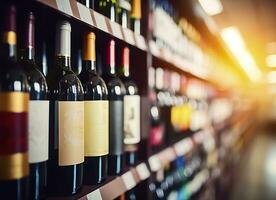 ai generiert abstrakt verwischen Wein Flaschen auf Alkohol Alkohol Regale im Supermarkt Geschäft Hintergrund. generativ ai foto