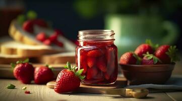 ai generiert Erdbeere Marmelade und frisch Beeren. generativ ai foto