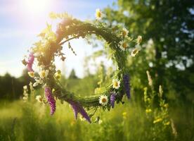 ai generiert rustikal Wildblumen Kranz auf ein sonnig Wiese. Sommer- Sonnenwende Tag, Hochsommer- Konzept. generativ ai foto