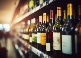 ai generiert abstrakt verwischen Wein Flaschen auf Alkohol Alkohol Regale im Supermarkt Geschäft Hintergrund. generativ ai foto