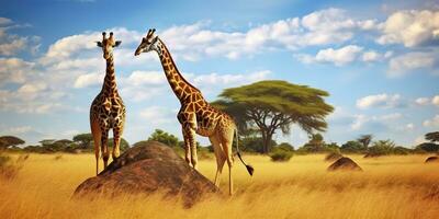 ai generiert Giraffen im das afrikanisch Savanne. Serengeti National Park. Afrika. Tansania. ai generiert foto