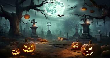 ai generiert Kürbisse im Friedhof im das gespenstisch Nacht, Halloween Hintergrund. generativ ai foto