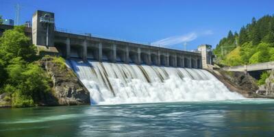 ai generiert Wasserkraft Damm Erstellen Grün Energie von fließend Wasser. ai generiert. foto